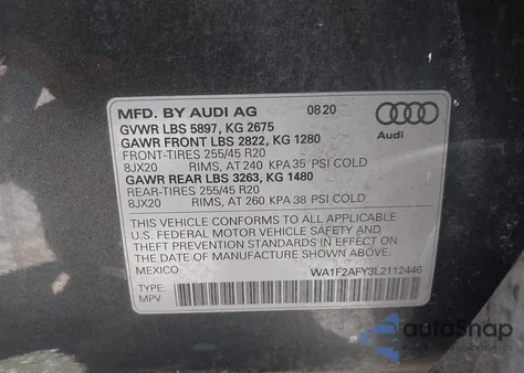2020 Audi Q5 Prestige 55 Tfsi E Quattro S Tronic z USA, uszkodzony, nr VIN WA1F2AFY3L2112446